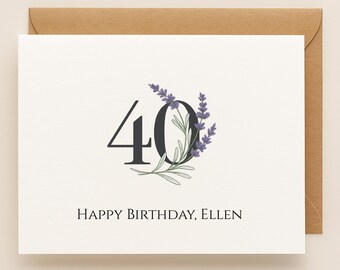 40th Birthday Card with Custom Message, Personalized Elegant Botanical Card