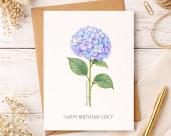 Personalized Hydrangea Birthday Card, Botanical Flower Gift, Floral Anniversary Card