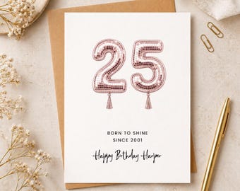 Personalized 25th Birthday Card, Custom Name and Message, Disco Balloon Numbers Design