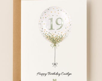 Personalized 19th Birthday Card, Number Confetti Balloons, Custom Name and Message