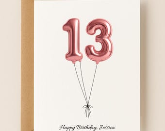Personalized 13th Birthday Card, Custom Name and Message, Number Balloons
