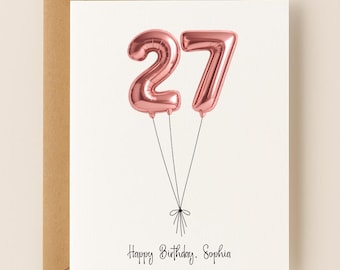 Personalized 27th Birthday Card , Custom Name Balloon Number Card, Minimalist Birthday Gift