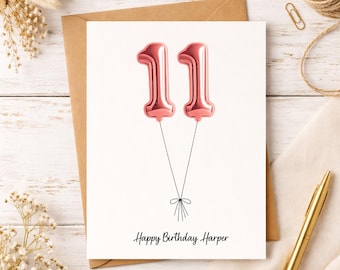 Personalized 11th Birthday Card, Custom Name and Message, Number Balloons