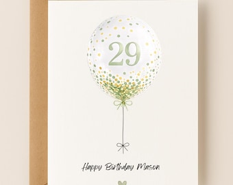 Personalized 29th Birthday Card, Number Confetti Balloons, Custom Name and Message