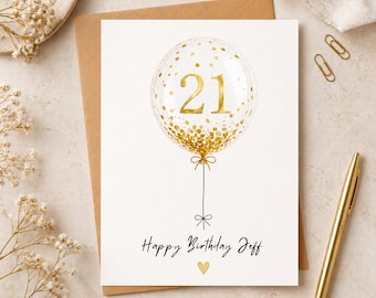 Personalized 21st Birthday Card, Number Confetti Balloons, Custom Name and Message