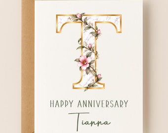 Personalized Letter T Anniversary Card for Her, Floral Gold Initial Monogram, Custom Name & Message