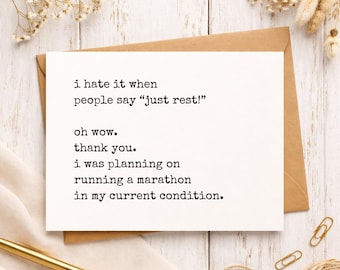 Funny Get Well Soon Card, Sarcastic “Just Rest” Quote, Sick Humor Recovery Card