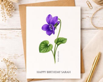 Personalized Violet Birthday Card, Minimalist Botanical Gift, February Birth Flower, Anniversary Card