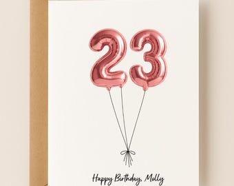 Personalized 23rd Birthday Card, Custom Name and Message, Number Balloons