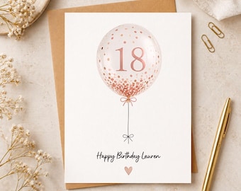 Personalized 18th Birthday Card, Number Confetti Balloons, Custom Name and Message