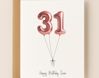 Personalized 31st Birthday Card, Custom Name and Message, Number Balloons