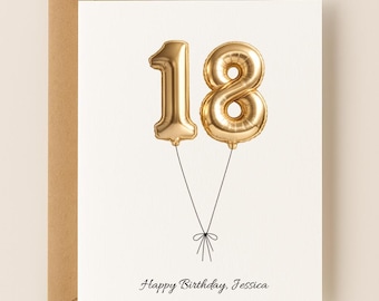 Personalized 18th Birthday Card Number Balloons, Custom Name Gift for Teenager