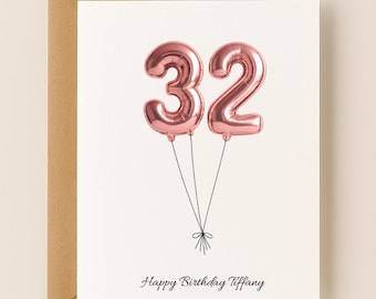 Personalized 32nd Birthday Card, Custom Name and Message, Number Balloons