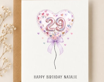 Personalized 29th Birthday Card for Her, Custom Name and Message, Heart Confetti Balloons
