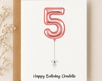 5th Birthday Card for Girl or Boy, Personalized Number 5 Balloon