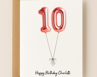 Personalized 10th Birthday Card, Custom Name and Message, Number Balloons