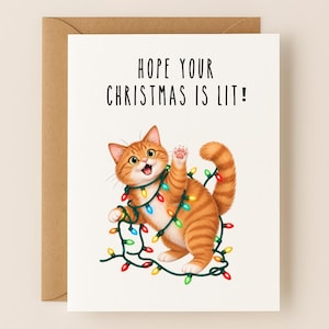 May include: A white greeting card featuring an illustration of an orange tabby cat tangled in a string of colorful Christmas lights. The cat has one paw raised and its mouth open. The text above the cat reads, "HOPE YOUR CHRISTMAS IS LIT!"