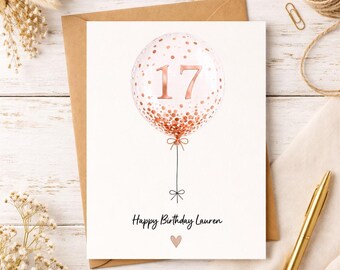 Personalized 17th Birthday Card, Custom Name Confetti Balloon, Minimalist Teen Gift