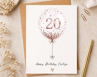 20th Birthday Card with Personalized Message, Gold Rose Silver Confetti Balloons