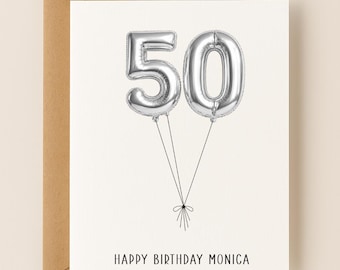 Personalized 50th Birthday Card, Custom Name and Message, Number Balloons