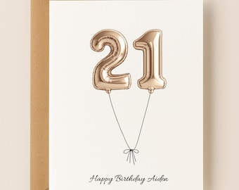 21st Birthday Card with Personalized Message, Gold Rose Silver Balloons