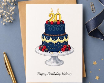 Personalized 20th Birthday Card, Custom Name and Message, Number Candle and Elegant Cake