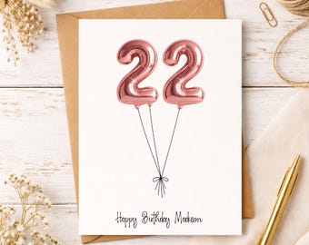 Personalized 22nd Birthday Card , Custom Name Balloon Number Card, Minimalist Birthday Gift