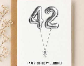 42nd Birthday Card with Personalized Message, Gold Rose Silver Balloons