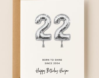Personalized 22nd Birthday Card, Custom Name and Message, Disco Balloon Numbers Design