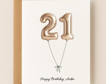 21st Birthday Card with Personalized Message, Gold Rose Silver Balloons