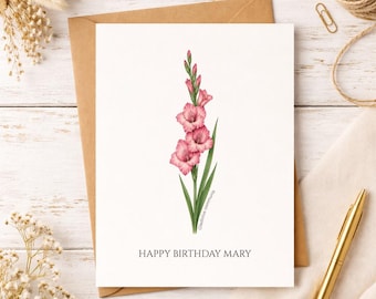 Personalized Gladiolus Birthday Card, Minimalist Botanical Gift, August Birth Flower, Anniversary Card