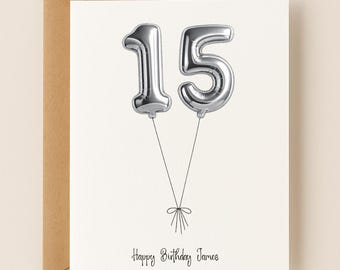 15th Birthday Card Personalized, Custom Name Balloon Card, Turning 15 Card for Boy Girl Teen