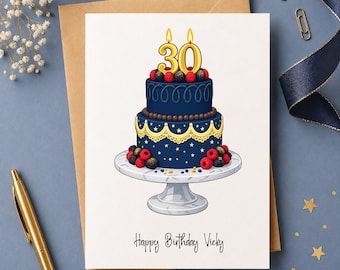 Personalized 30th Birthday Card, Custom Name and Message, Number Candle and Elegant Cake