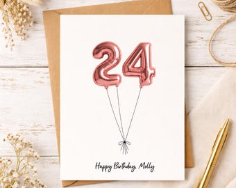 Personalized 24th Birthday Card, Custom Name Balloon Card, Modern Minimalist Design