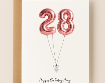 Personalized 28th Birthday Card , Custom Name Balloon Number Card, Minimalist Birthday Gift