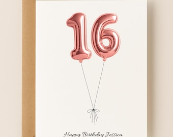 16th Birthday Card Personalized, Balloon 16 Birthday Card, Sweet 16, Gold Rose Gold Silver