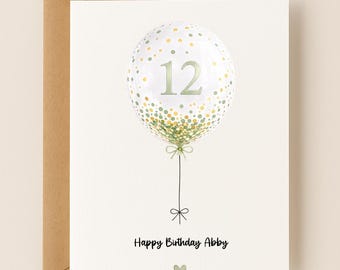Personalized 12th Birthday Card, Custom Name Confetti Balloon, Minimalist Birthday Gift