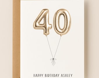 Personalized 40th Birthday Card, Custom Name and Message, Number Balloons