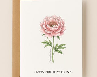 Personalized Peony Birthday Card, Minimalist Botanical Gift, Floral Anniversary Card