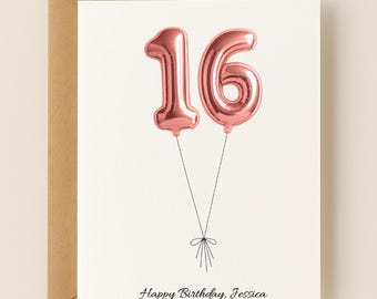 16th Birthday Card Personalized, Balloon 16 Birthday Card, Sweet 16, Gold Rose Gold Silver