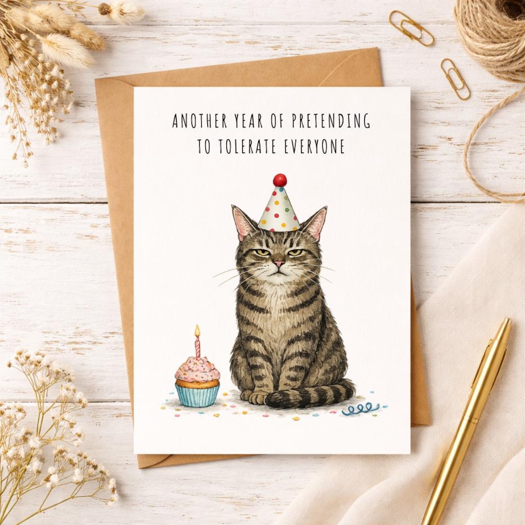 Funny Grumpy Cat Birthday Card, Watercolor Tabby Cat With Sarcastic ...