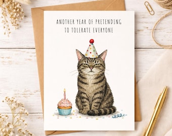Funny Grumpy Cat Birthday Card, Watercolor Tabby Cat with Sarcastic Humor