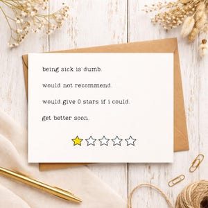 Get Well Soon Card, Would Give 0 Stars, Sarcastic Sick Humor, Minimalist Recovery Card