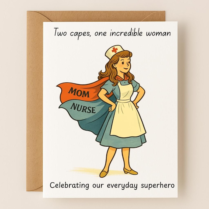Mother’s Day Nurse Mom Card, Superhero Cape Design, Custom Text Available image 1