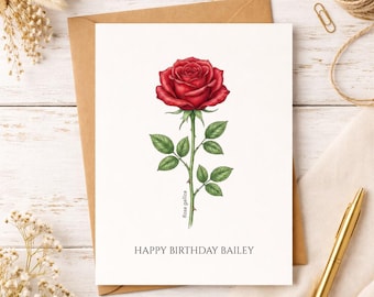 Personalized Rose Birthday Card, Minimalist Botanical Gift, June Birth Flower, Anniversary Card
