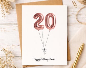Personalized 20th Birthday Card, Custom Name and Message, Number Balloons