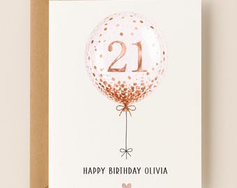 20th Birthday Card with Personalized Message, Gold Rose Silver Confetti Balloons