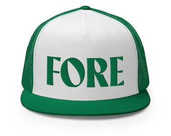 FORE Golf Trucker Hat | Funny Golf Hat for Men or Women | Snapback Golf Cap | Flat Bill Trucker Hat | Gift for Golfers