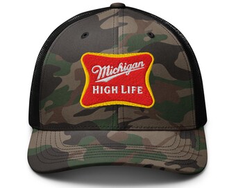 Michigan High Life Hat | Camo Trucker Cap | Michigan Beer Parody | Snapback Hunting Hat | Michigan Pride Apparel