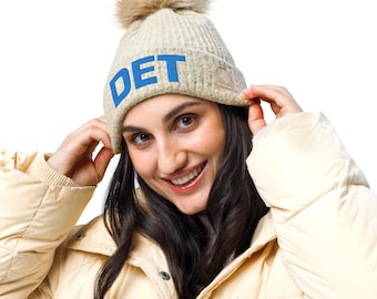 DET Detroit Pom-Pom Beanie | Detroit Lions Columbia Beanie | DET Embroidered Hat
